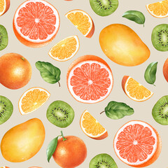Seamless pattern with watercolor hand painted kiwi, grapefruit, orange and mango fruits with green leaves on beige background.