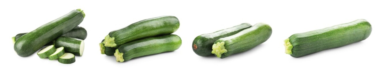 Fresh ripe zucchinis isolated on white, collage