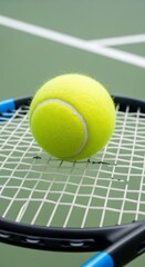 Close-up view of a vibrant yellow tennis ball resting on a tennis racket, showcasing the intricate strings and texture against a clay court background, highlighting sports equipment