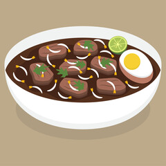 Vector illustration of Indonesian local food rawon containing meat, bean sprouts, eggs, celery, and lime.