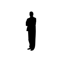 A simple, black silhouette of a man standing against a white background.