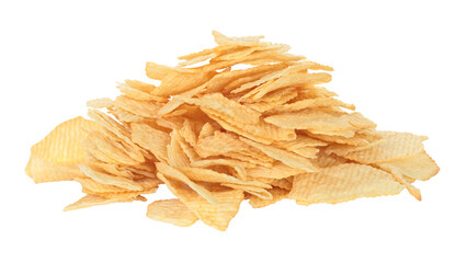 Large heap of potato chips isolated on transparent background. Crispy salted snack food for fast...