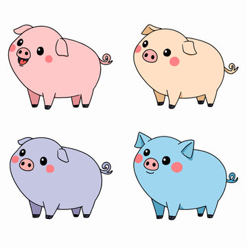 Vector set of cute Pig emoji faces with various expressions. Isolated on white background