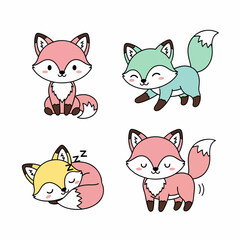 Cute cartoon foxes in various poses. Collection of kawaii animals