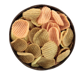 Coconut shell bowl filled with assorted vegetable chips isolated on transparent background, top view. Eco friendly natural tableware, vegan and organic snack food. Full focus photo