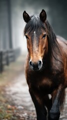 Fototapeta premium Brown horse walks along a misty forest path during early morning hours