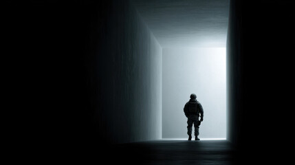 Obraz premium Soldier silhouette corridor dark minimal Soldier silhouette dark corridor, minimal light