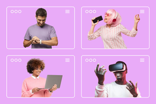 Creative collage of diverse people inside web browser frames. Digital lifestyle or social media news feed concept on pink background
