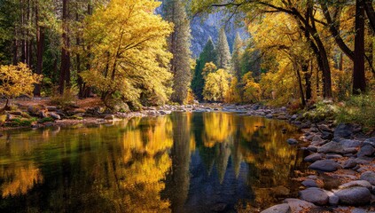Autumnal river scene with golden trees, reflecting in calm water