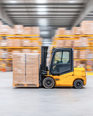 A yellow forklift transports a pallet of boxes in a warehouse, showcasing an efficient logistics operation in a busy industrial setting.