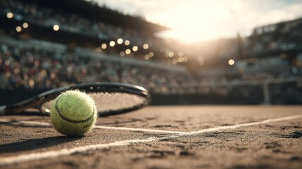 Tennis trophy placed on court surface beside yellow tennis ball and racket, showcasing sportsmanship and competition in a vibrant stadium atmosphere with spectators in the background