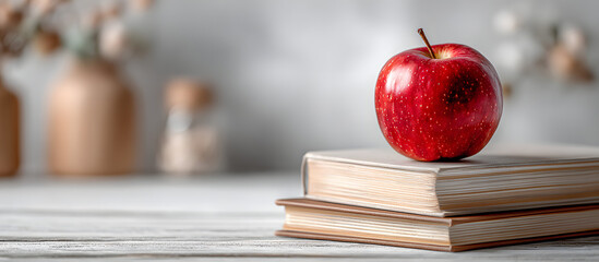 Back to school a stack of books and a red apple on awhite table against a whit background Remote learnin at home Quarantine idea o staying home. Copy space mage. Place for adding tex and design
