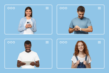 Creative collage of diverse people inside web browser frames. Digital lifestyle or social media news feed concept on blue background