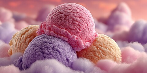 Colorful ice cream scoops create a delightful scene above fluffy clouds at sunset