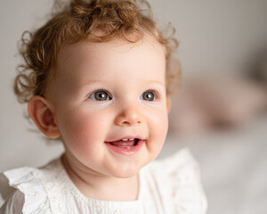 Fototapeta premium A joyful baby with curly hair, smiling brightly, showcasing a cheerful expression in a softly lit setting.