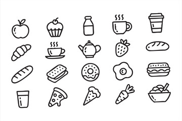 Snack and Breakfast Outline Icon Collection with Pastries Drinks and Fruit Symbols