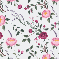 A vibrant seamless floral pattern with vintage roses and pink blossoms for a spring wallpaper design