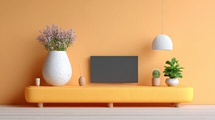 Cozy, Peach-toned Living Room Interior with TV, Yellow Credenza, Plants, and a Modern Pendant Light in a Minimalist Style