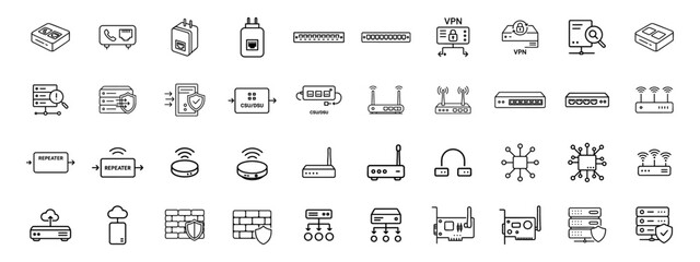 Networking Devices Line Icons  Router, Switch, Modem, Firewall, Server & Technology Vector Pack  Minimal  Stroke Thin Outline Icons for IT, Internet, Cloud, Cybersecurity, Stock Design