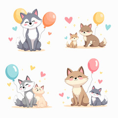 Cute Cartoon Fox With Balloons And Hearts Celebrating Together In A Cheerful Scene