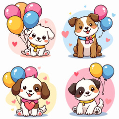 Set Cute Cartoon Puppies With Balloons: Set Of Four Adorable Dog Friends Illustration