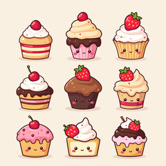 A charming dessert parade, a playful vector of cute cakes and pastries in sweet, glossy colors.