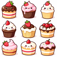 A sweet parade of whimsical desserts, a bright, glossy vector featuring cupcakes, cakes, and treats in cheerful colors.