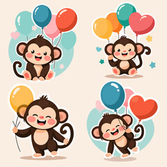A joyful troop of balloon-loving monkeys, a bright, playful vector scene filled with cheerful primates and colorful balloons.