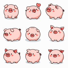 Happy Pigs in a Row, A cheerful grid of nine pink piglets with friendly expressions.