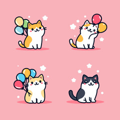 Obraz premium Adorable Kitty with Colorful Tail & Helium Balloons for Cute & Kawaii Illustration
