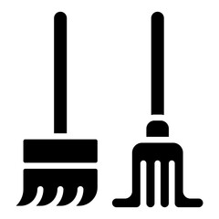 Broom and Mop Glyph Black Silhouette Icon Design Vector - Broom and mop standing together representing cleaning tools for floor care
