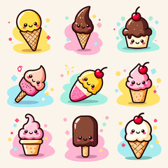 Vector set of ice cream, cake, cupcake, dessert, sweet food illustration with cherry and chocolate pattern