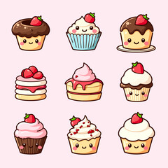 Cute cartoon set of ice cream and cupcakes in a sweet dessert illustration