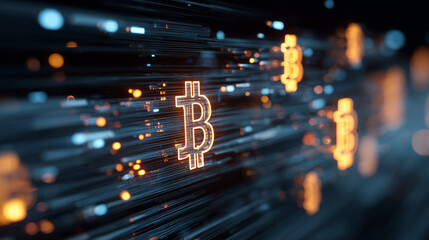 Bitcoin cryptocurrency symbol on digital circuit board, glowing blue and orange lights, futuristic technology background