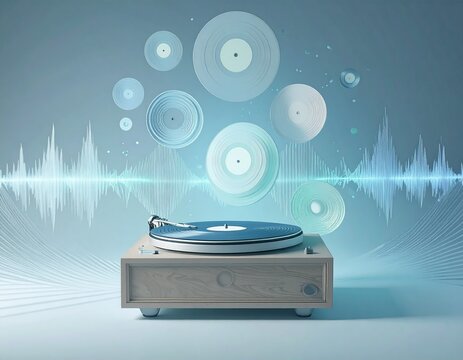 Retro turntable with floating vinyl records and sound waves, a fusion of vintage audio and modern digital art