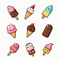 A whimsical scoop of kawaii desserts, a bright, glossy vector of ice cream, cupcakes, popsicles, and treats in cheerful colors.