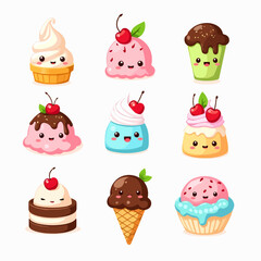 Seamless vector pattern set of cute cartoon cakes, cupcakes, and sweet desserts for a bakery party illustration