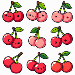 Seamless background vector pattern set of fresh red cherry fruit and green leaf isolated on white for healthy diet food collection