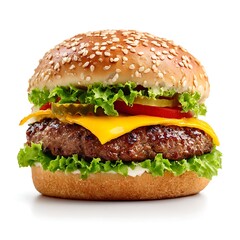 Classic Cheeseburger with Beef Patty Melted Cheese Sesame Bun Fast Food Meal Isolated White