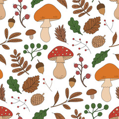 Seamless autumn vector illustration with mushrooms and fungi in a cartoon style
