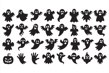 Halloween Ghost Vector Icons with Spooky Silhouettes Haunted Spirits and Pumpkin