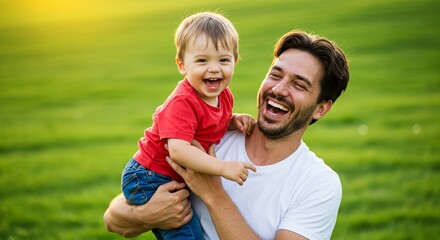 Fototapeta premium Joyful father and son sharing laughter in a sun-drenched park, pure happiness