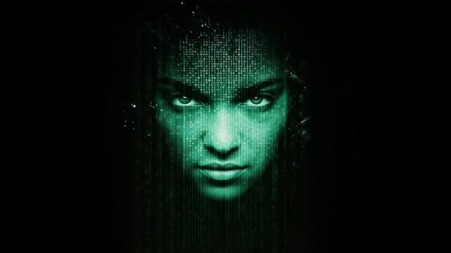 Close-up of digital female face made of glowing green binary code, symbolizing artificial intelligence, cybersecurity, virtual reality, and human-machine integration