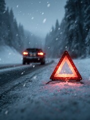 winter emergency assistance visual illuminated warning triangles on snowy roadside  automotive safety content and roadside preparedness marketing for enhanced winter readiness