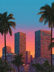 Naklejka premium retrostyle illustration of a city skyline at sunset with palm trees and a vibrant pink and orange sky over a grid