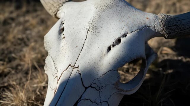 Closeup movement across sunlit bison skull in natural grassland