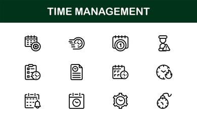 Outline Vector Time Management Icons – Flat Linear Minimal Symbols of Clock, Schedule, Calendar, Planner, Productivity Tools for UI, Web, and Infographics