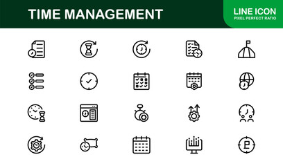 Outline Time Management Icons – Flat Minimal Vector Collection with Clock, Schedule, Calendar, Planner, Stopwatch, Perfect for Infographics and Apps