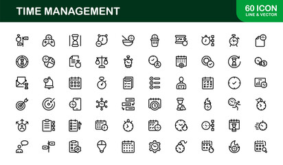 Flat Outline Time Management Icons – Linear Minimal Vector Pack Featuring Clock, Planner, Calendar, Stopwatch, Clean Design for Apps and Websites
