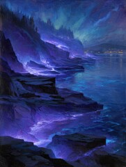 Fototapeta premium illuminated coastal landscape at night with purple and blue glowing forms
